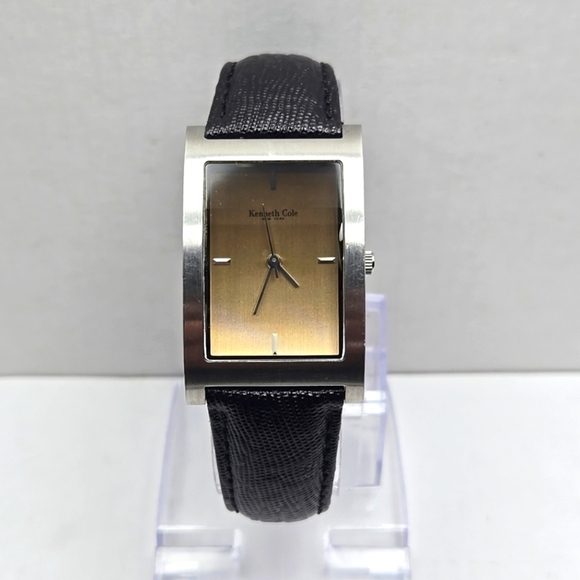 Kenneth Cole Tank Watch Men 26mm KC1024 Silver Tone Black Leather New Battery - Picture 1 of 11